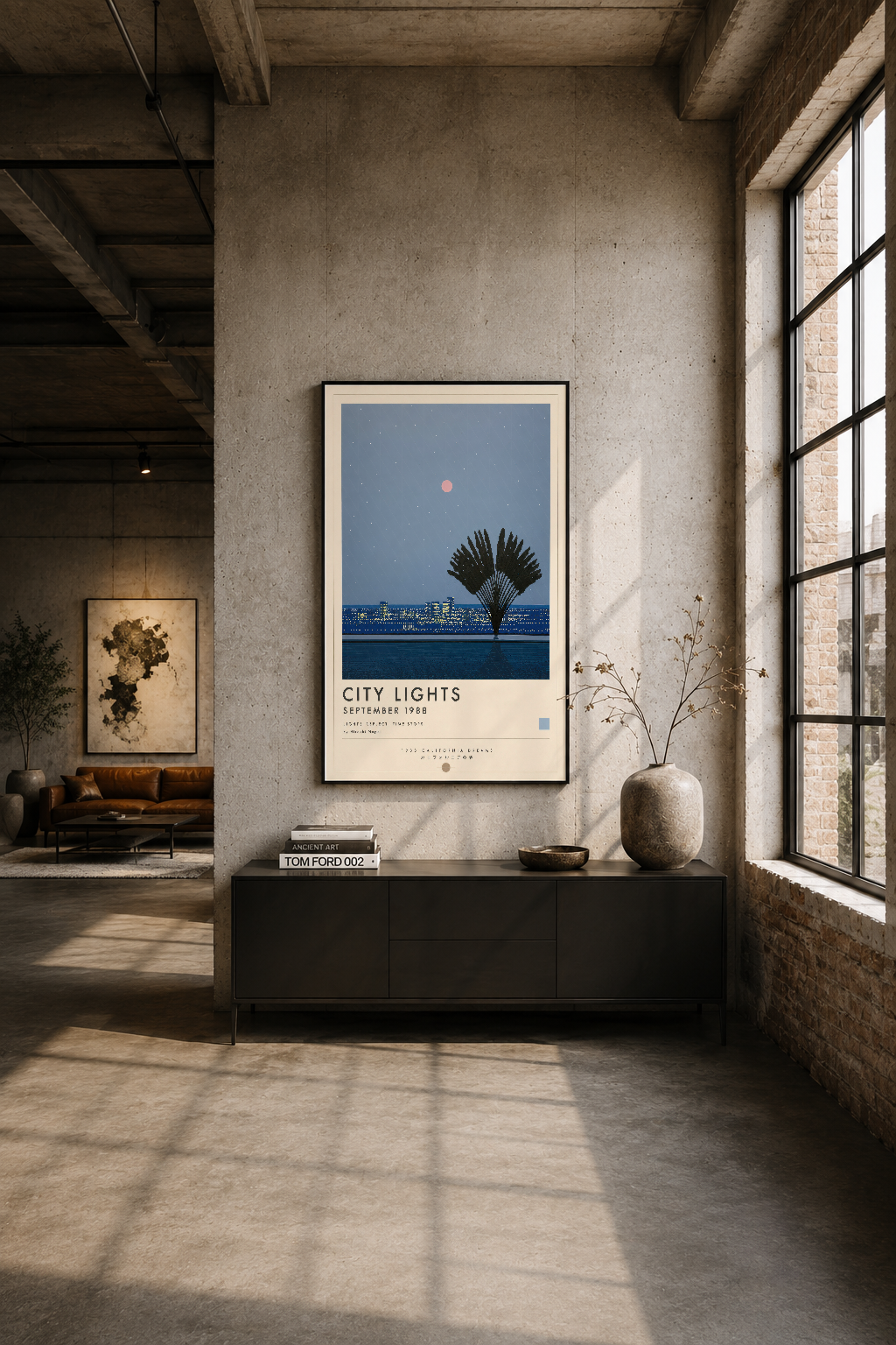 İndüstriyel mekanda betona asılı, minimalist tasarımlı City Lights tablosu.