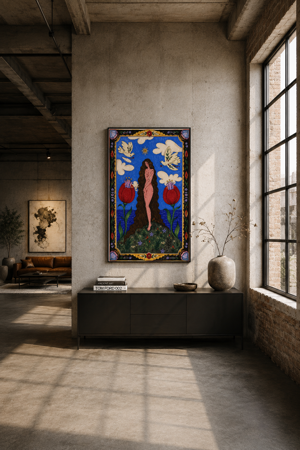İndüstriyel loft ortamında siyah çerçeveli duvar tablosu, kırmızı çiçek ve gökyüzü tasarımıyla minimalist space'i canlandıran