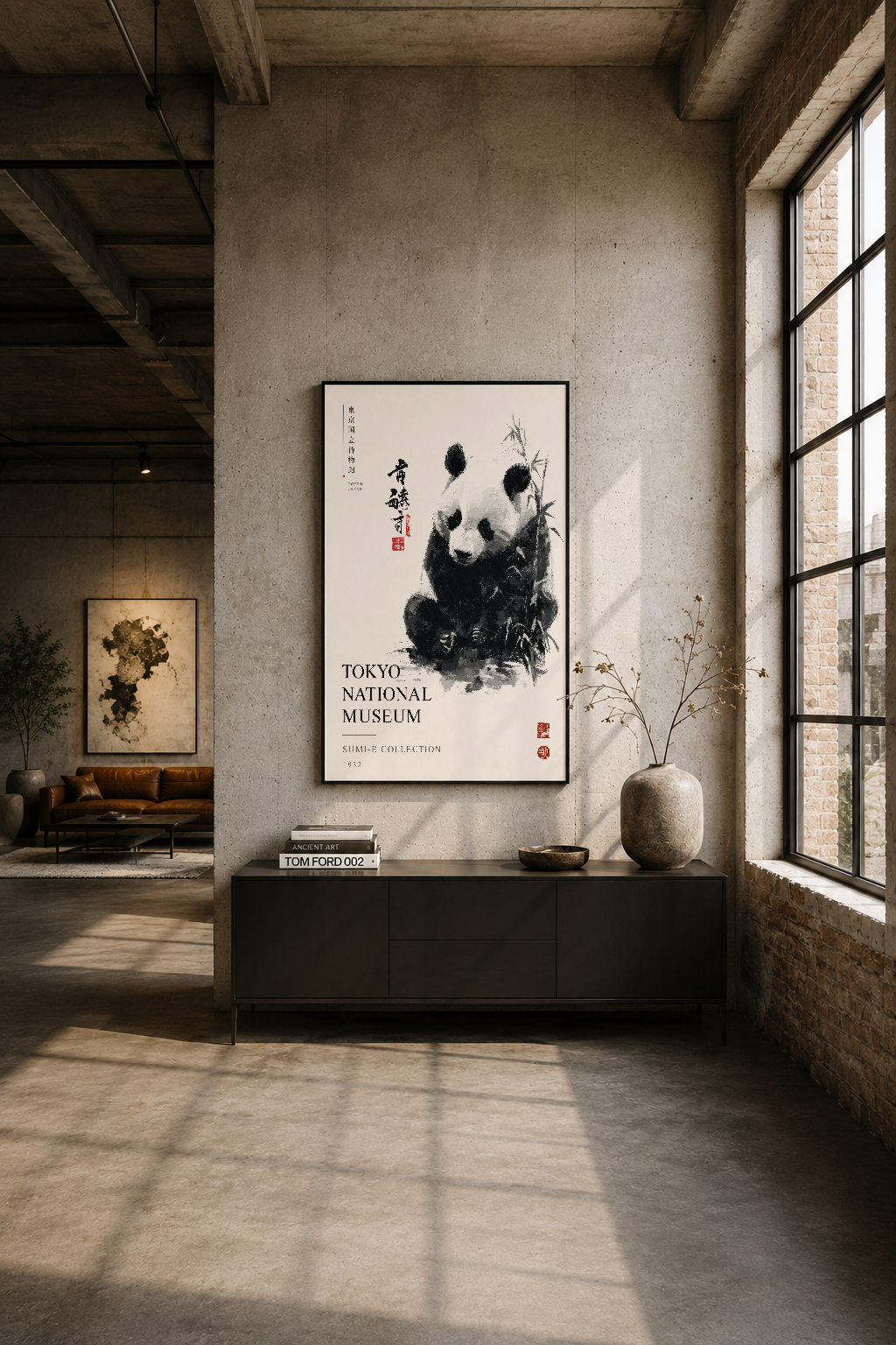 Siyah çerçeveli panda tablosu, endüstriyel loft ortamında betonlu duvar üzerinde, stilist konsol dekorasyonunun merkezinde.