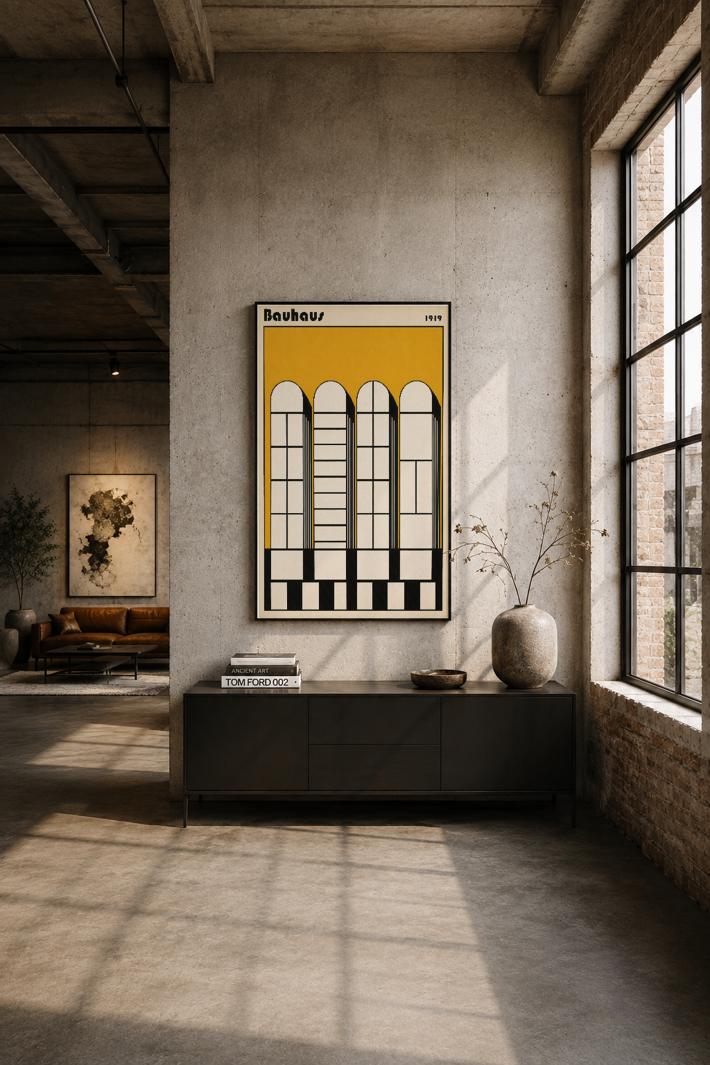Endüstriyel iç mekanda, siyah mobilyanın üstünde duran Bauhaus tablo, minimalist dekorasyon aksentini oluşturuyor.