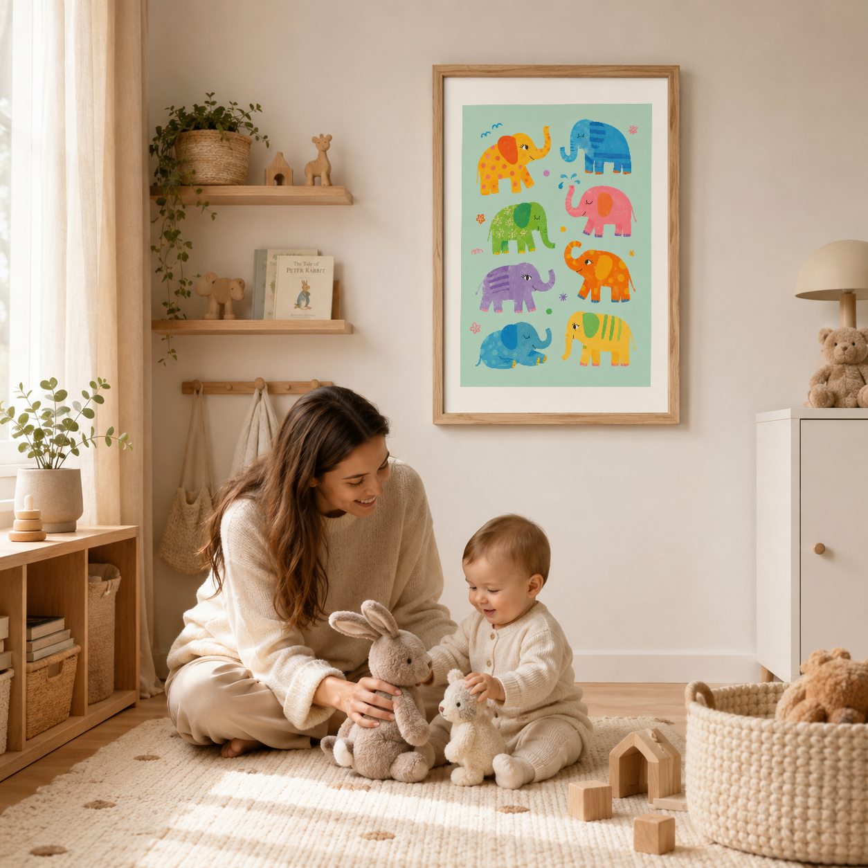 Bebek odasında ahşap çerçeveli renkli fil tablosu, doğal mobilyalarla tamamlanan huzurlu ortam.