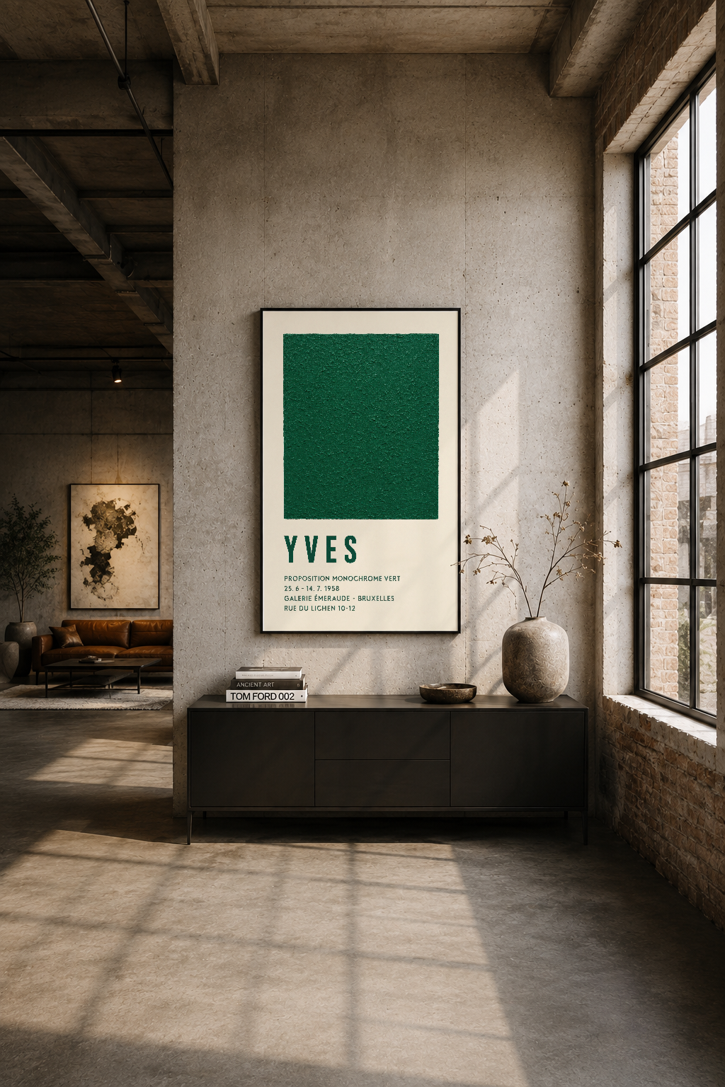 Modern industrial loft oturma alanında, siyah çerçeveli yeşil sanat tablosu duvar dekorasyonunda sergileniyor.