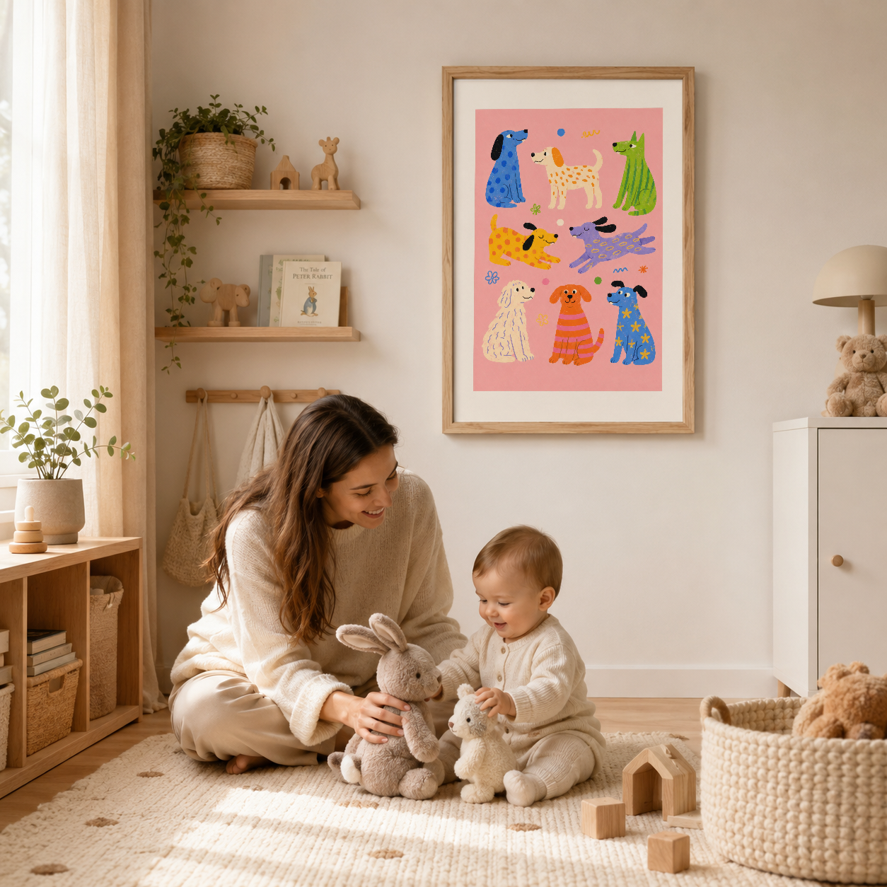 Modern çocuk odasında, ahşap çerçeveli pembe hayvan temalı tablo duvar dekorasyon.