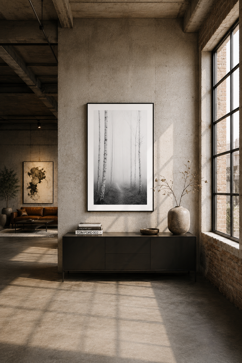 Endüstriyel betonlu duvarın üstünde siyah çerçeveli huş ormanı tablosu, modern loft dekorasyonu.