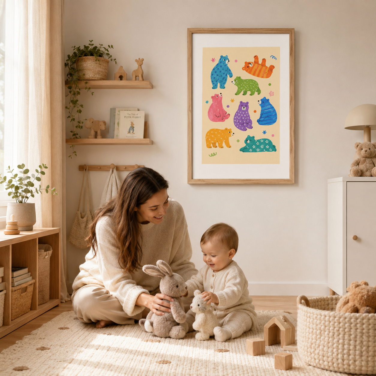 Doğal ahşap çerçeveli poster çocuk oyun odasında, şık raflarla birlikte modern ve sakinleştirici bir dekorasyon ortamı