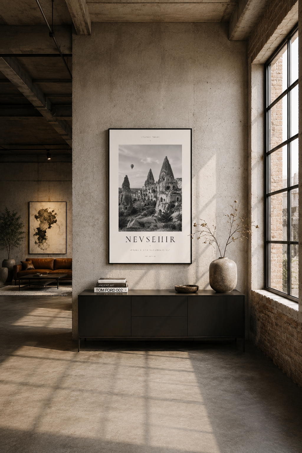 Modern endüstriyel alanda duvar çerçevesine alınmış Nevsehir posteri, sahne tasarımı