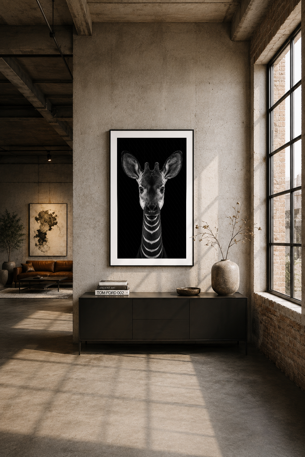 İndüstriyel loft mekanında gri duvar üzerinde, siyah çerçeveli zebra başı sanat tablosu minimalist dekorasyon.