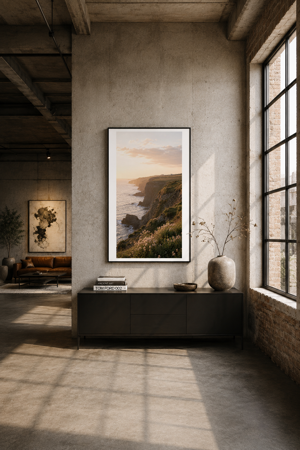 Industrial loft'ta siyah çerçeveli kaya kıyısı tablosu, minimalist dekor ortamında