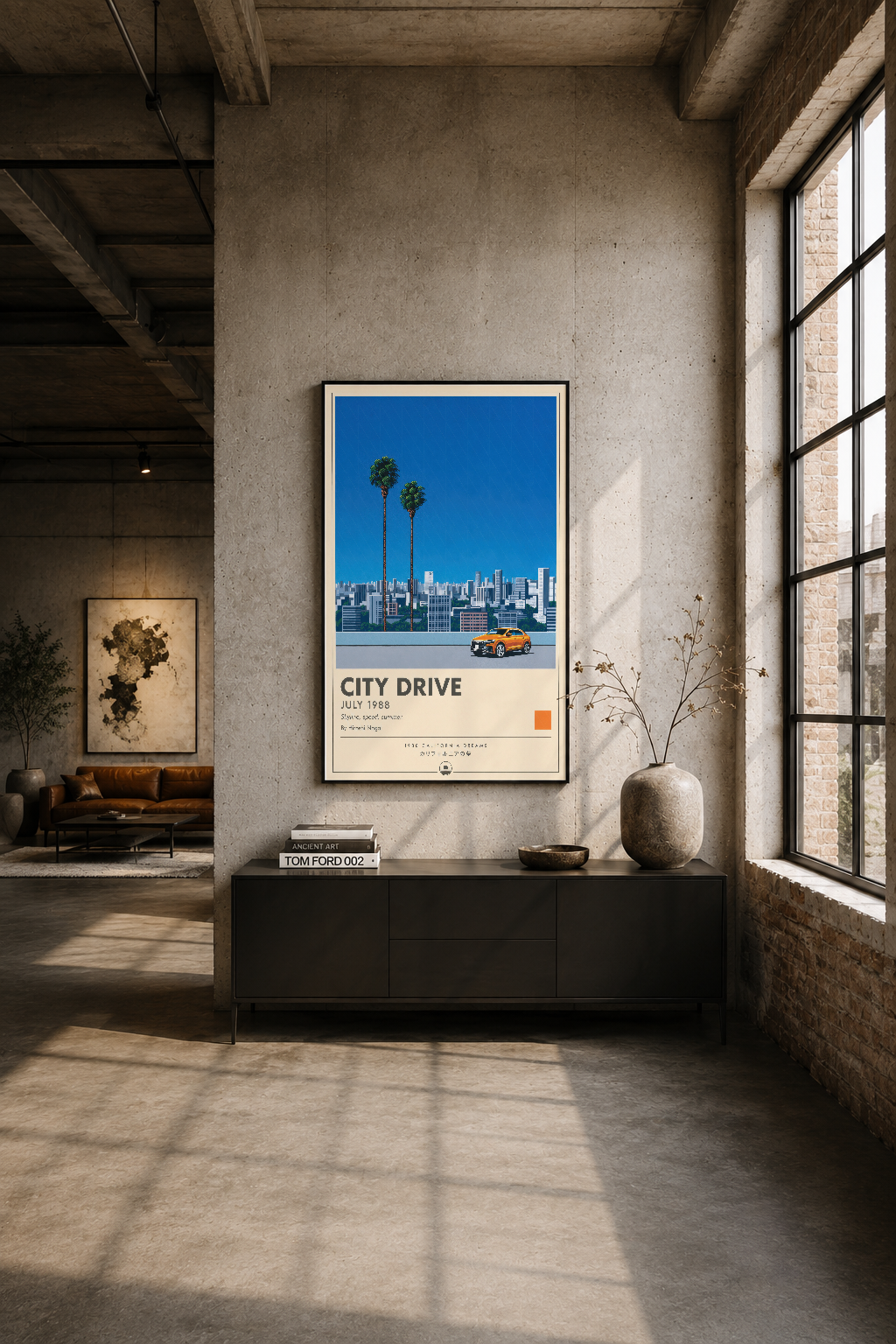 İndüstriyel iç mekanda siyah çerçeveli City Drive posteri, minimalist metal dolabın üzerinde.