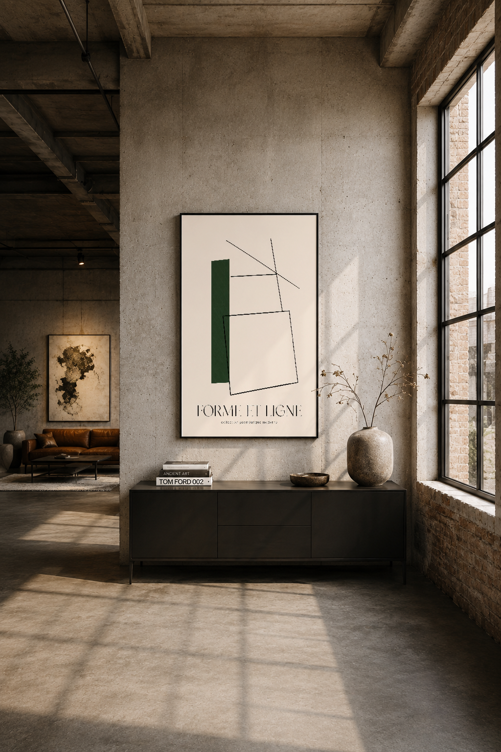 Industrial loft ortamında betonwand üstünde, siyah çerçeveli geometrik poster dekorasyonu.