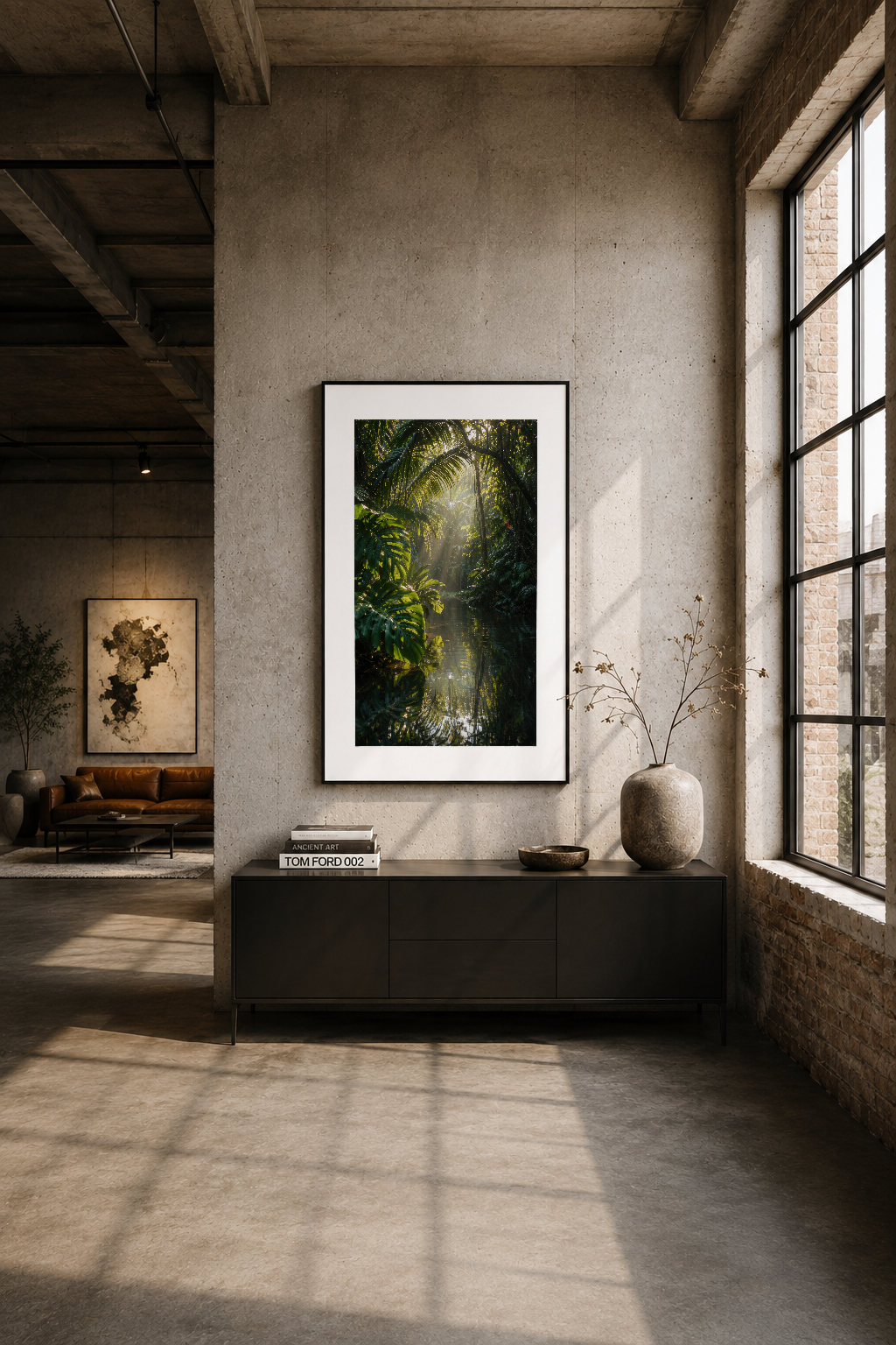 Industrial şık oturma alanında duvar tablosu, siyah çerçeveli orman manzarası, modern loft dekorasyonu.