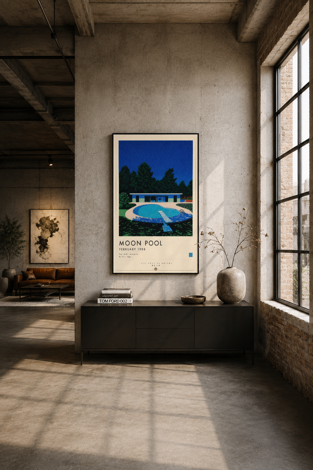 Moon Pool tablosu endüstriyel loft dekorasyonunda, siyah çerçeveli poster duvar sanatı.