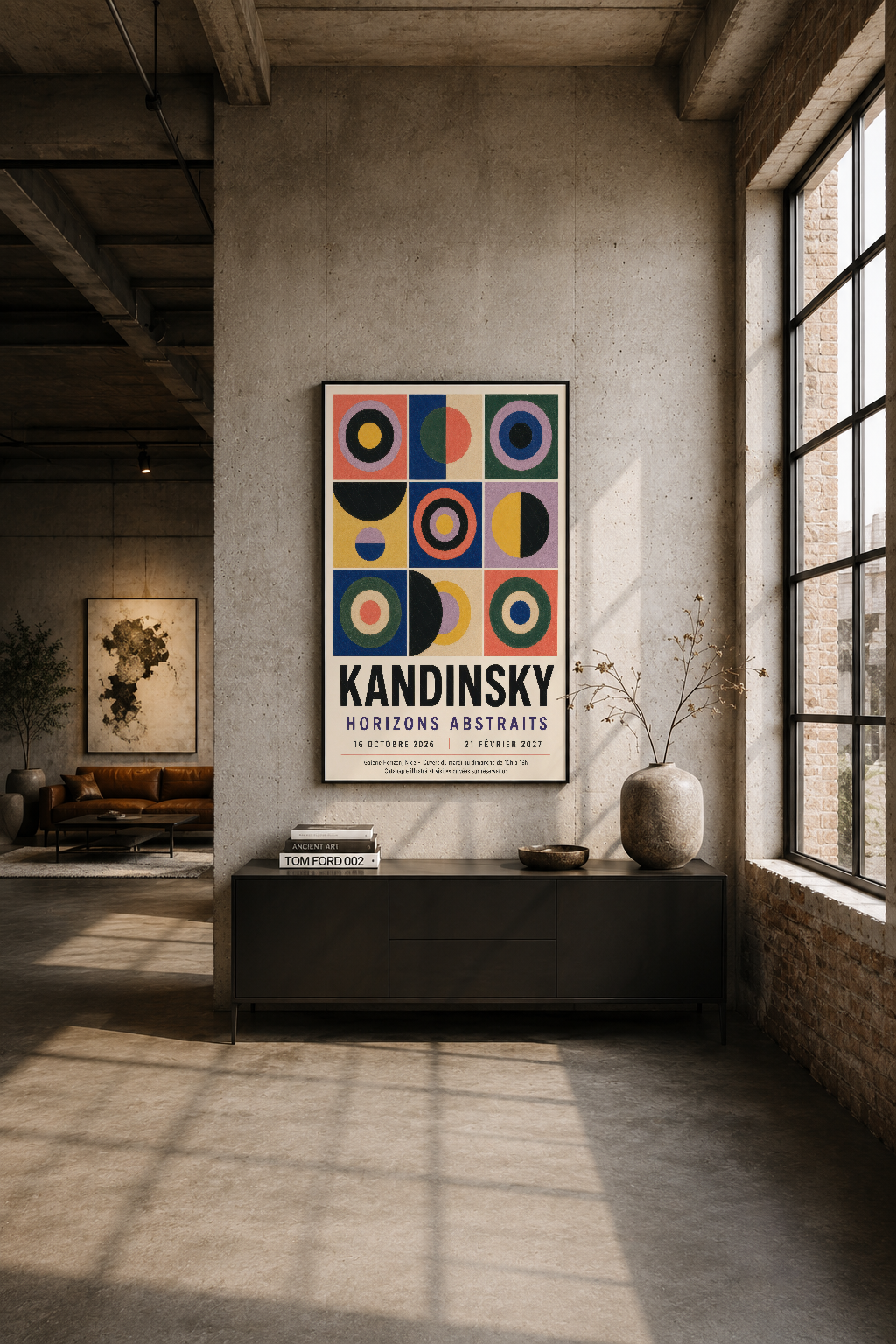 Endüstriyel oturma alanında duvarın üst kısmına asılan, Kandinsky'nin renkli geometric tablosu.