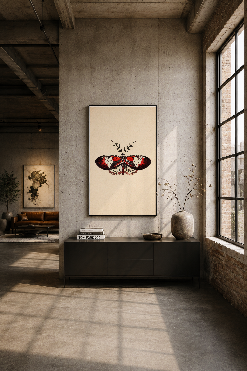 Modern loft tarzı betonda duvar, siyah çerçeveli kelebek tablosu minimalist dekor ile.