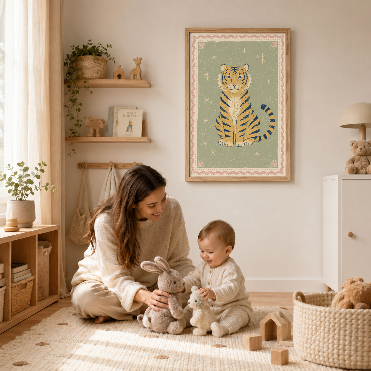 Çocuk odasında ahşap çerçeveli kaplan tablosu, beige duvarlar ve ahşap dekorasyon eşliğinde.