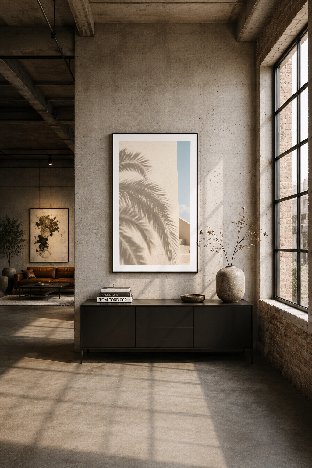 Endüstriyel loft havası taşıyan mekanda, siyah çerçeveli tablo duvarı canlı kılıyor.