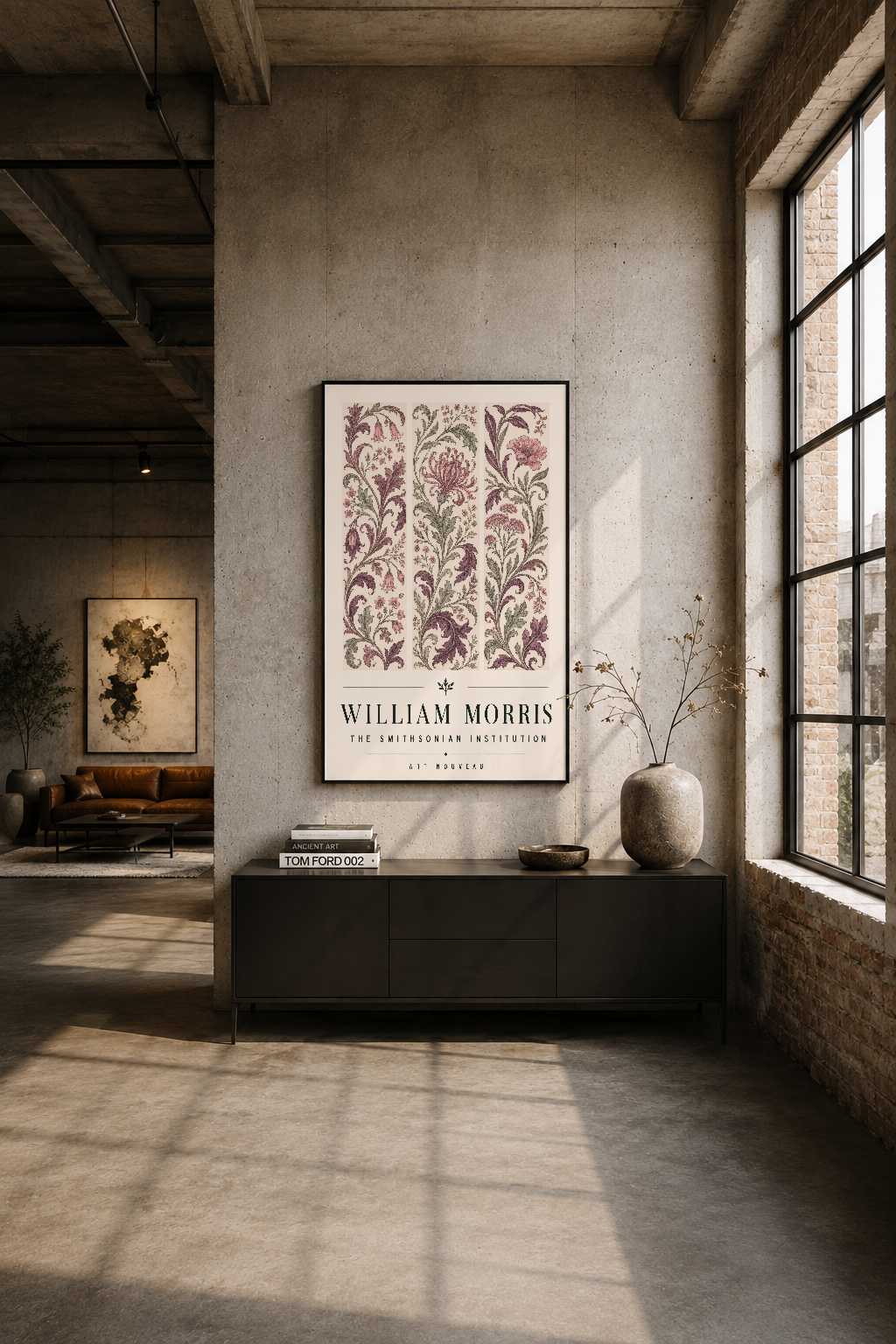 Endüstri tarzı lofu aydınlatılan betondan boş duvara asılmış William Morris sanat tablosu, siyah çerçeveli poster.
