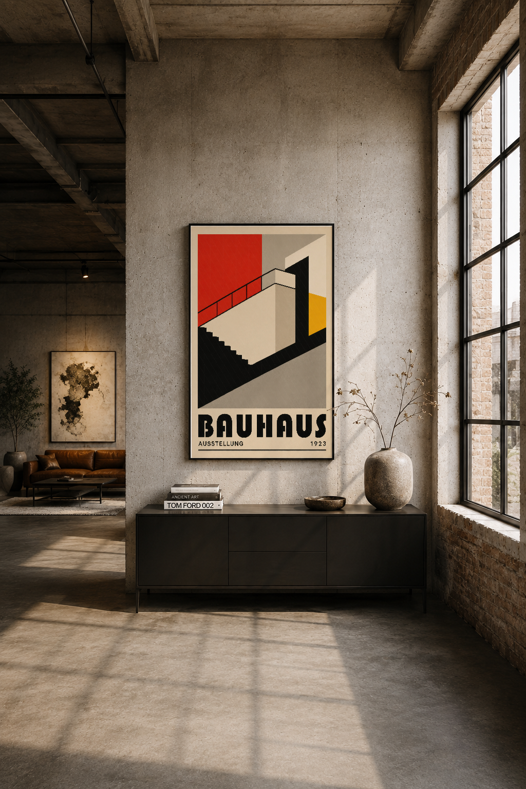 Endüstriyel loft tasarımda beton duvarı boyunca siyah çerçeveli Bauhaus tablosu, minimalist dekorasyon.