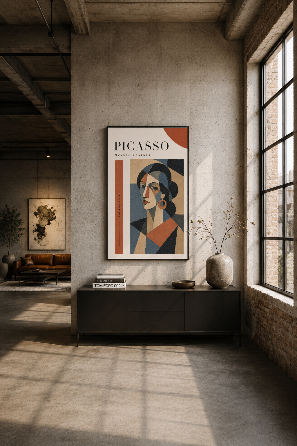 Industrial loft tasarımda, siyah çerçeveli Picasso tablosu geniş duvarı dekore ediyor