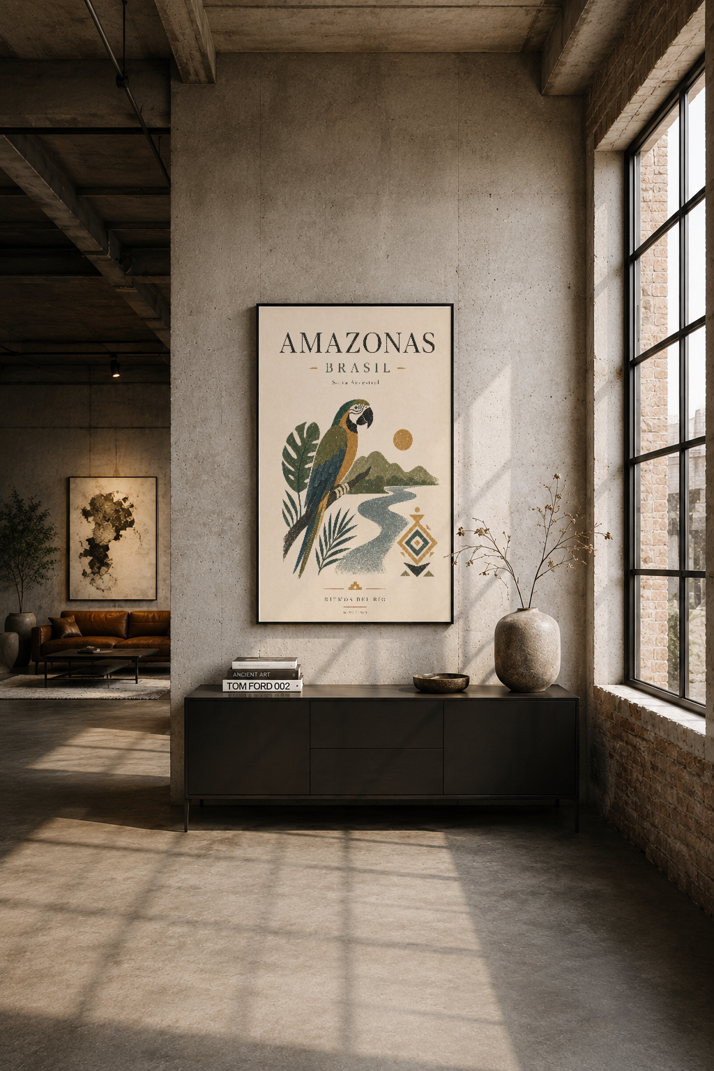 Endüstriyel loft stilinde betonda duvar, papağan konulu Amazonas Brasil tablosunun çerçeveli hali.
