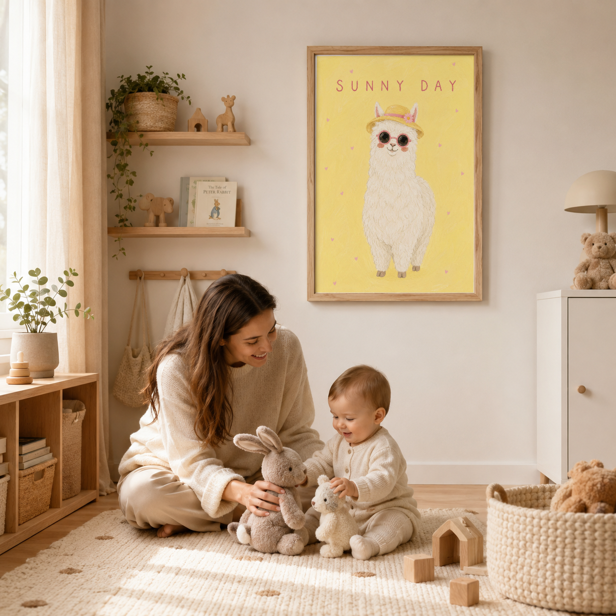 Çocuklu bir oyun odasında ahşap çerçeveli tablo, duvarda yer alan sarı posterle odaya renk ve neşe katan alpaka tablosu.