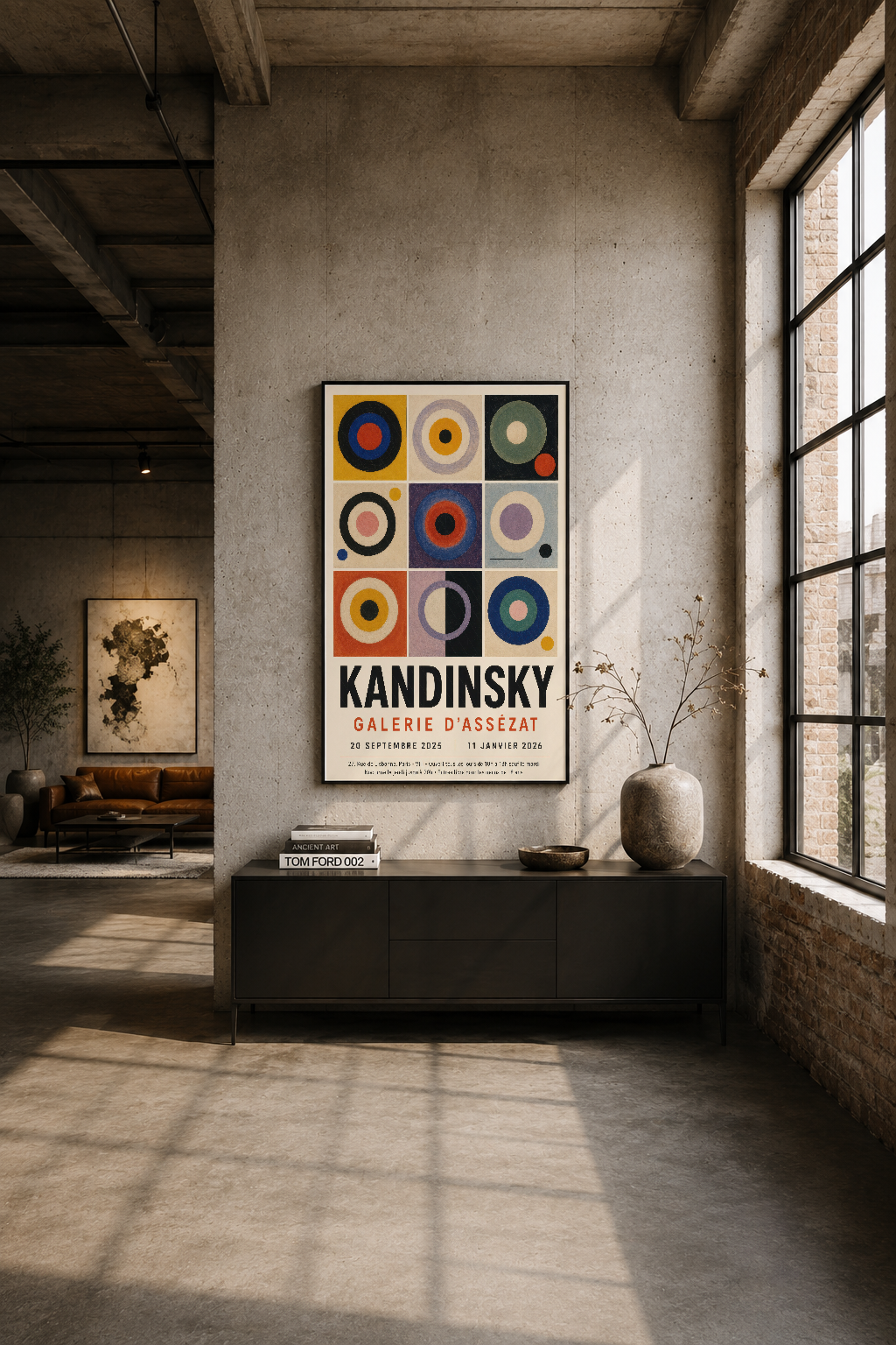 Endüstriyel oturma alanında siyah çerçeveli Kandinsky tablosu, soyut geometrik daire deseni ile duvarı vurgular.