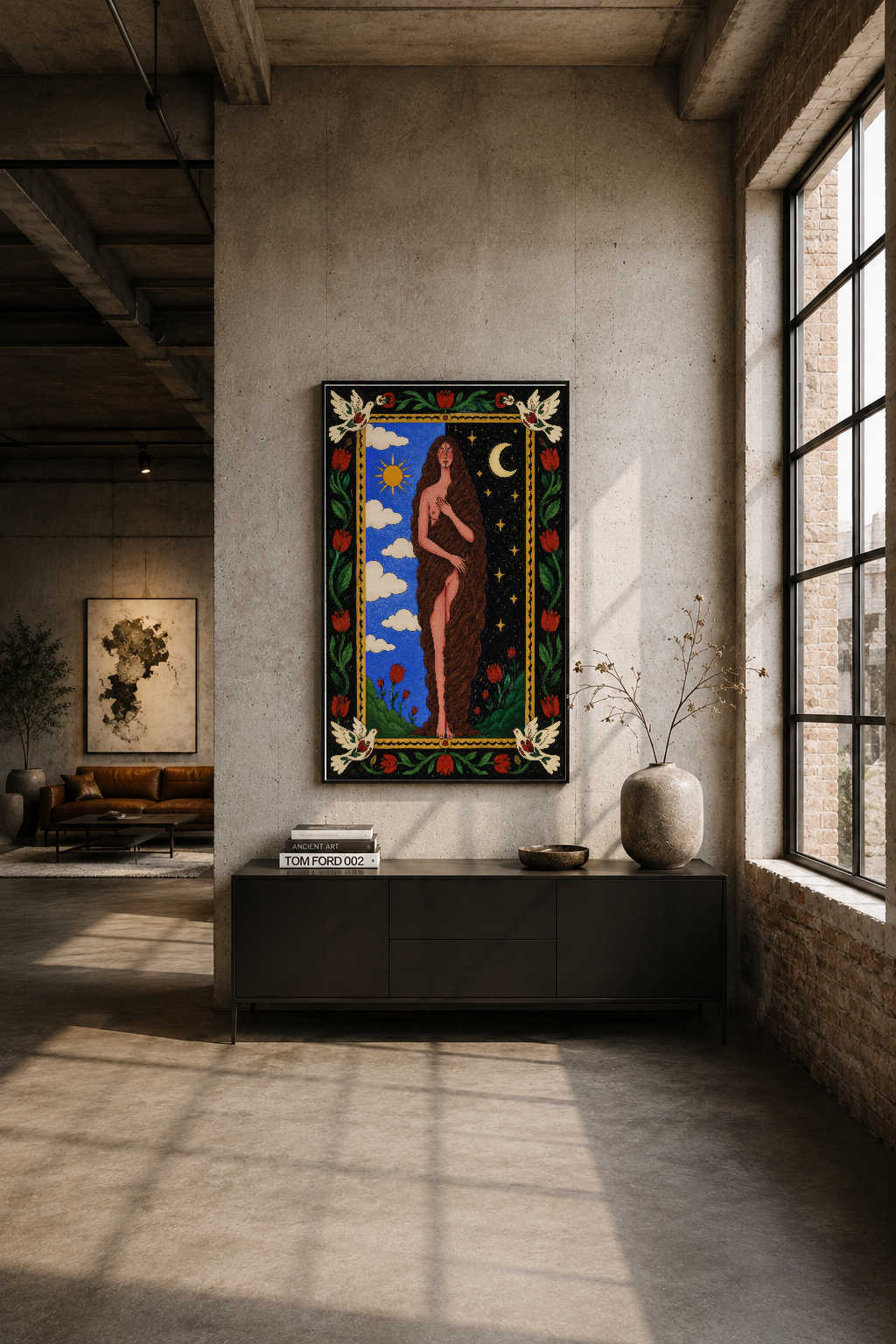 Endüstriyel loft alanında, duvarında asılı olan dekoratif sanat tablosu, minimalist dekorasyon tamamlıyor.