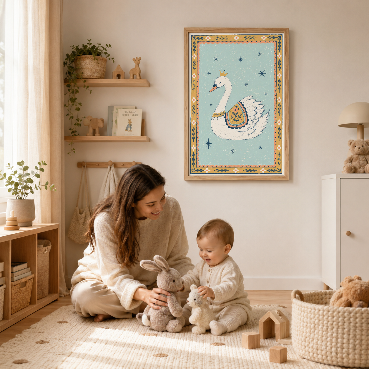 Ahşap çerçeveli kuğu tablosu, bebek odasının rüyamsı duvarında bebek ve annesiyle güvende.