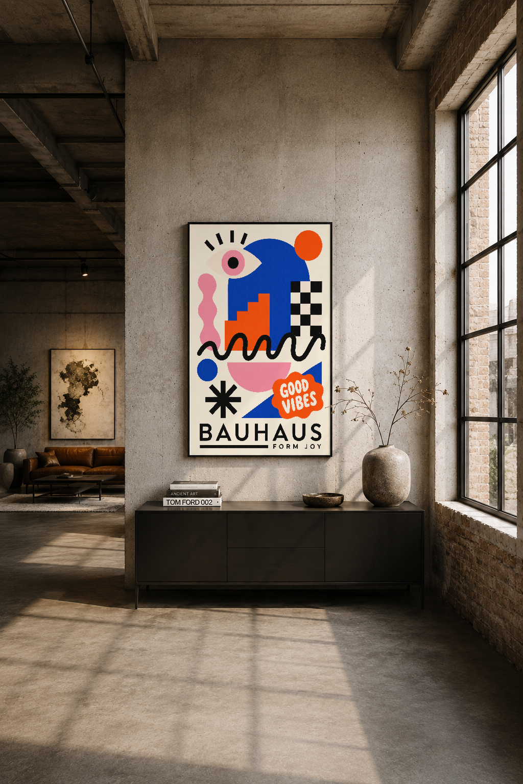 Industrial loft ortamında çimento duvarına asılan renkli Bauhaus tablosu, siyah sehpanın üstünde modern sanat aksenti.