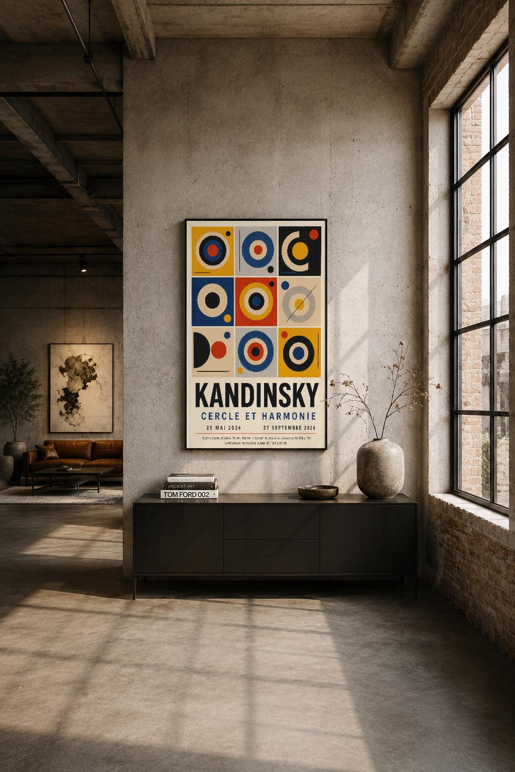 Endüstriyel mekanda siyah çerçeveli Kandinsky tablosu, duvarın odak noktası olarak konumlandırılmış