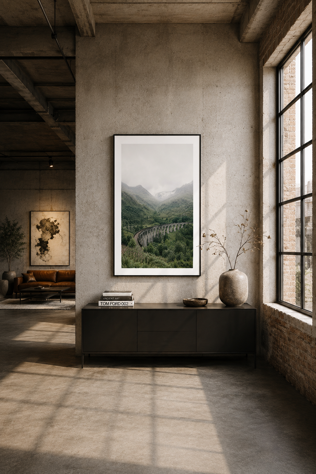 Industrial tarzı oturma odasında duvar üzerine asılı, dağ manzaralı siyah çerçeveli poster