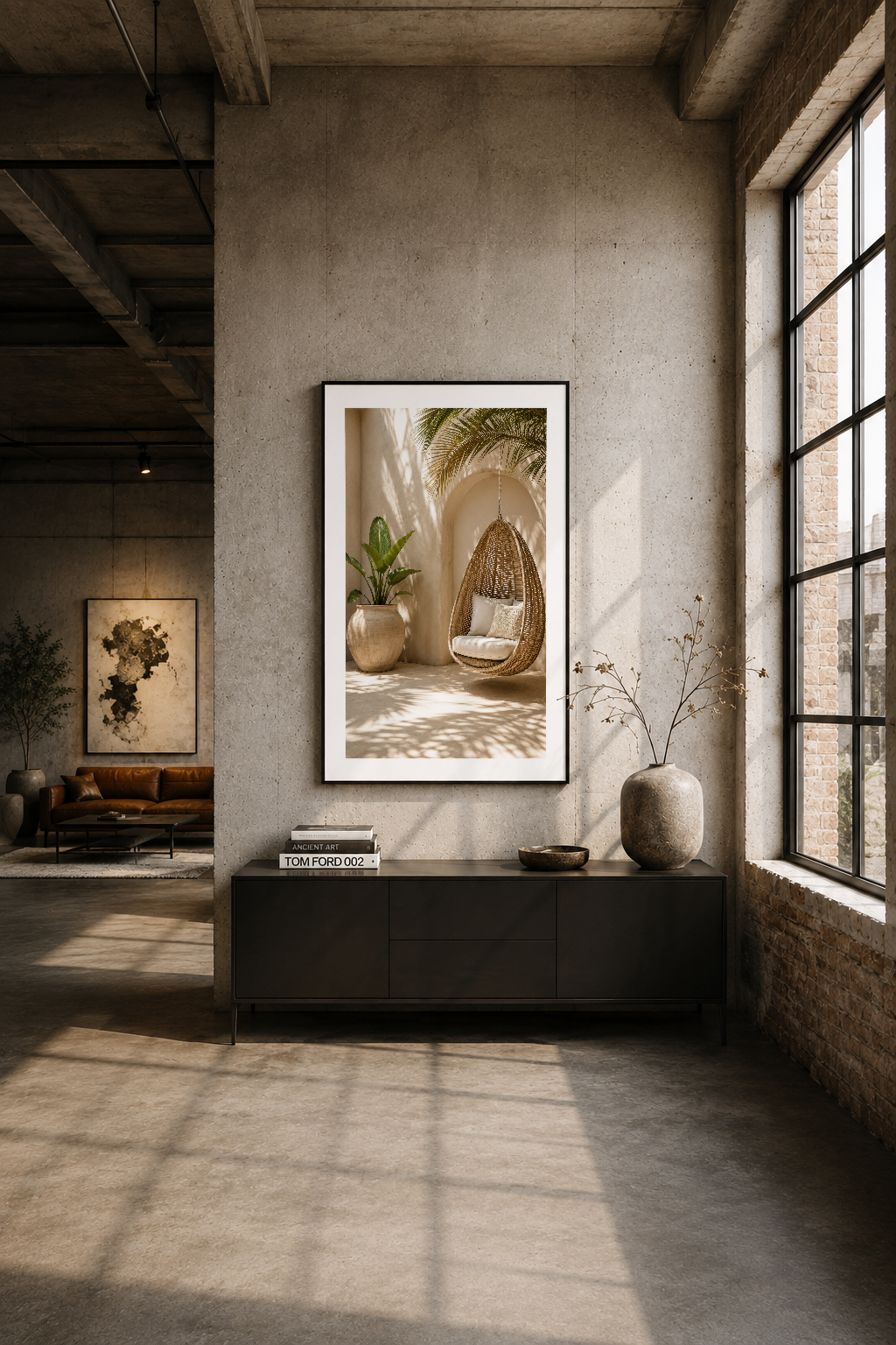 Endüstriyel loft tasarımında, siyah metal dolap üzerinde hakim bir görünümle asılı dekoratif poster.