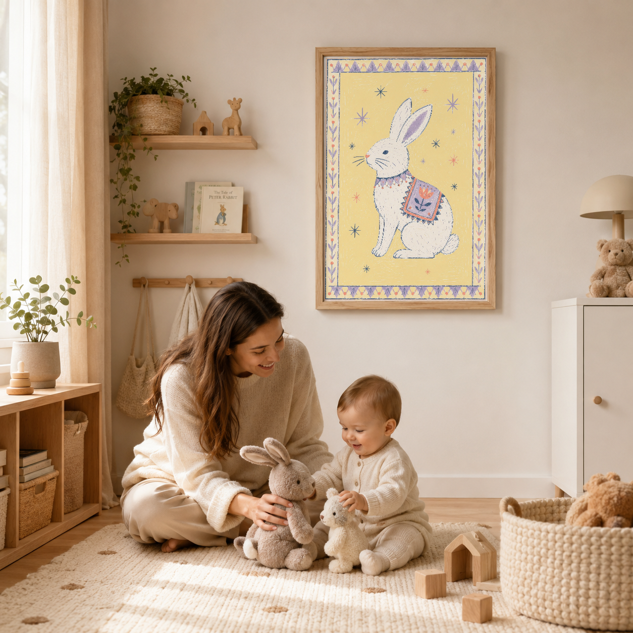 Oyun odasında ahşap çerçeveli tavşan tablosu, çocuk ve anne-babanın rahat ve eğlenceli ortamında.