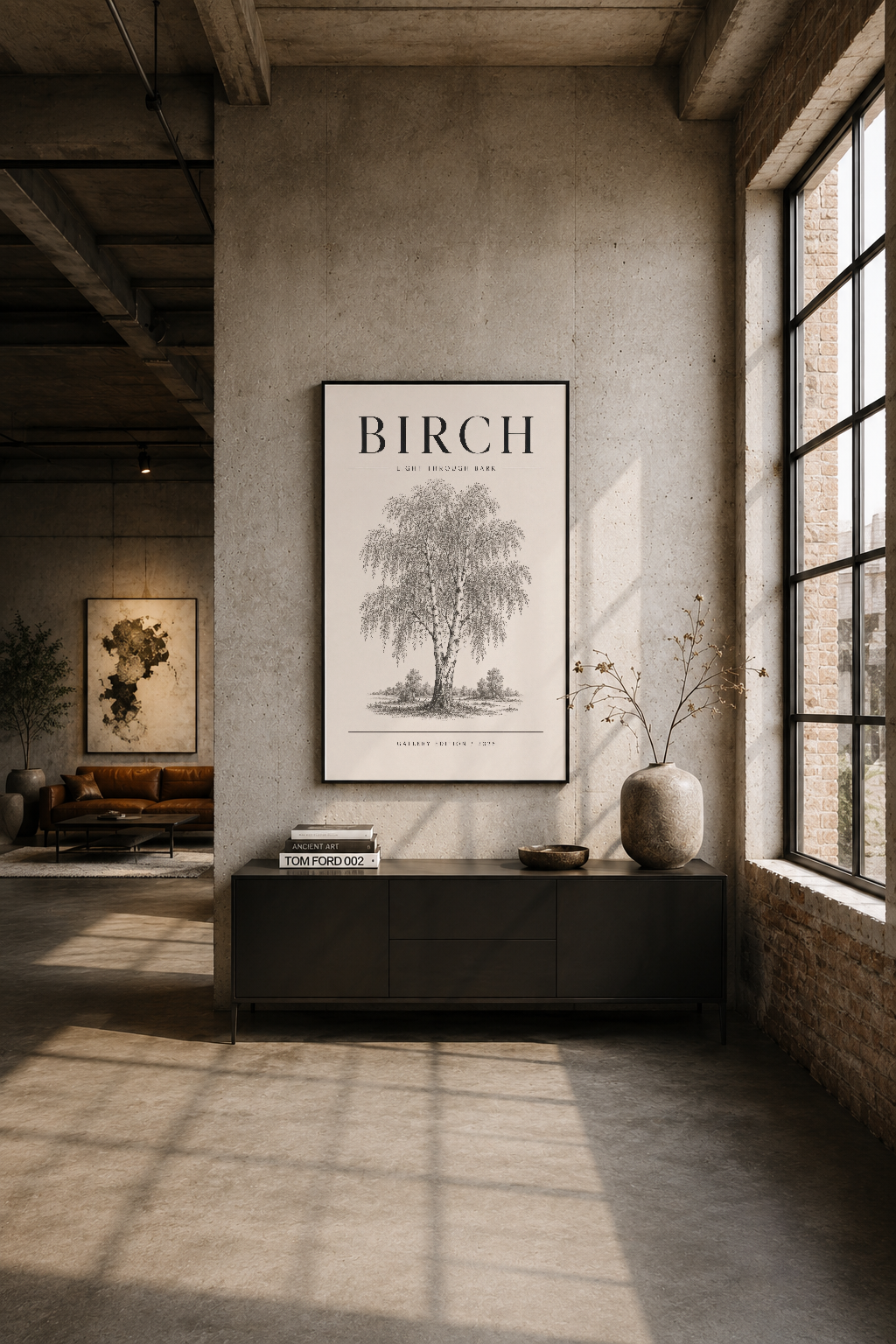 Modern endüstriyel odada siyah çerçeveli huş ağacı posteri, beton duvar ve geniş pencere ile.