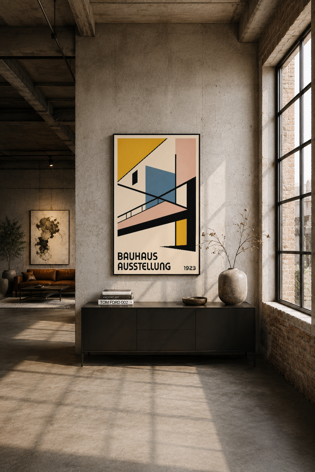 Endüstriyel loft tarzı oturma alanında, betonlu duvarın üstünde Bauhaus Ausstellung posteri.