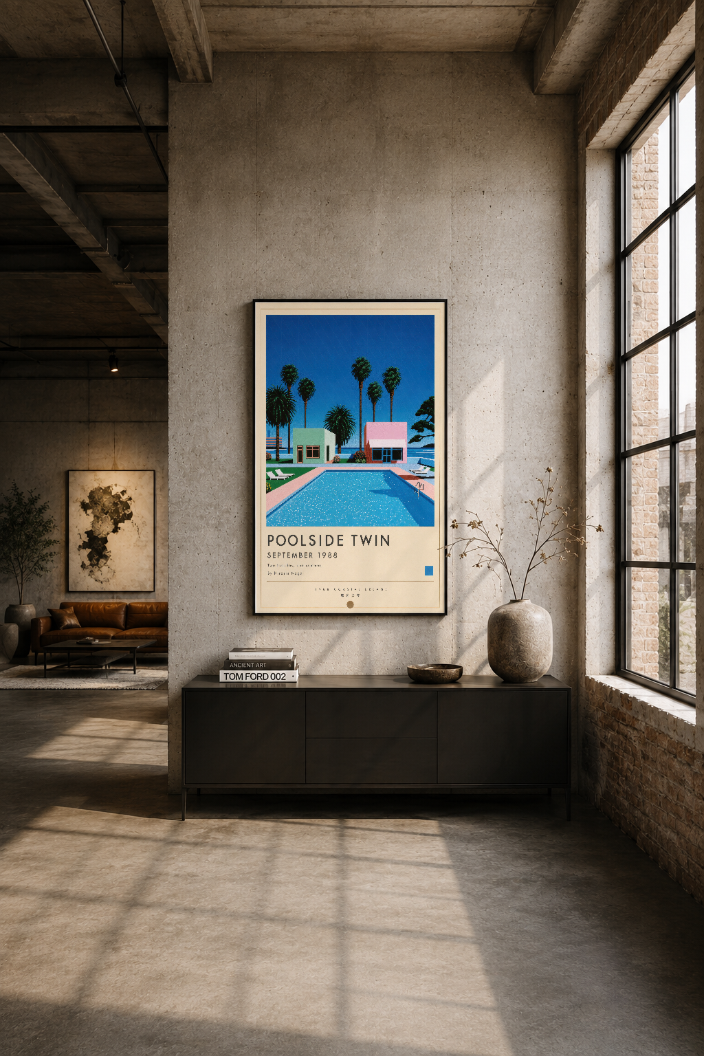 Endüstriyel loft alanında siyah çerçeveli Poolside Twin posteri, beton duvarda dramatik görsel etki yaratıyor.