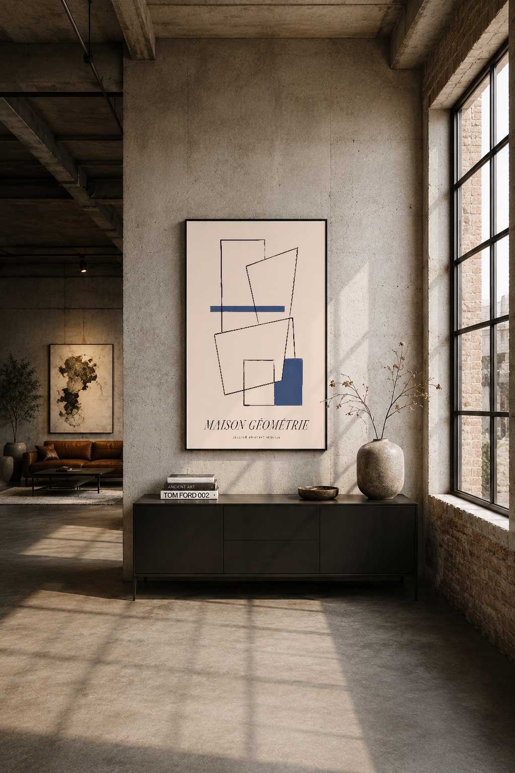 Modern loft alanında, beton duvar üzerinde Maison Géométrie tablosu heykeltraş mimari çevre yaratır.