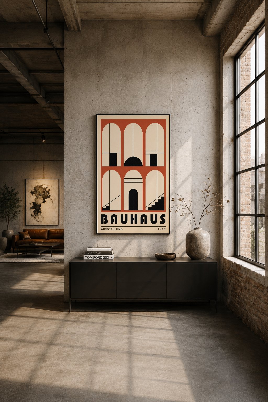 Modern endüstriyel alana asılan Bauhaus posteri, siyah çerçeveli mimari tablonun sanat etkileyici duvar görünümü.