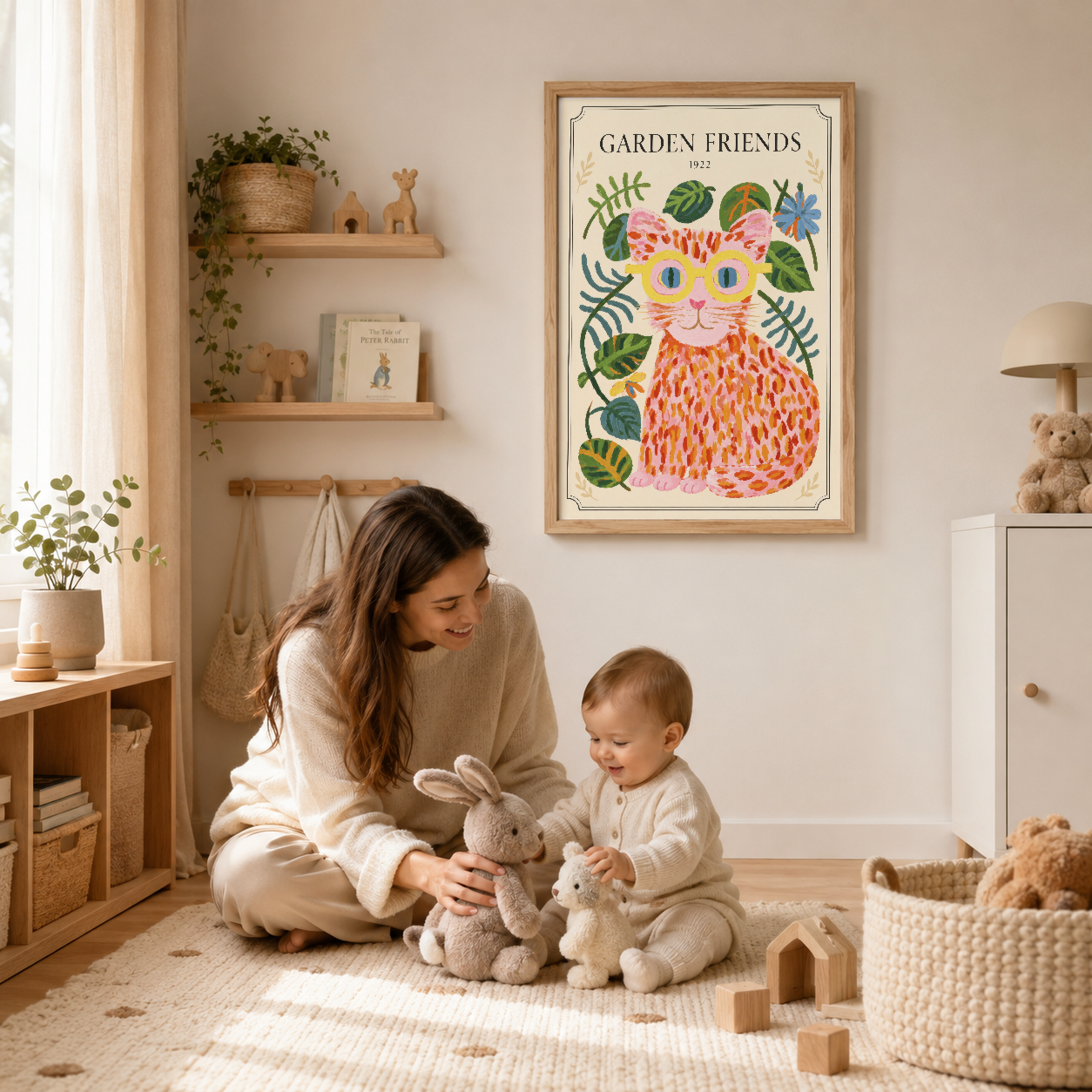 Çocuk odasında ahşap çerçeveli Garden Friends posteri, renkli kedinin ve botanik tasarımıyla oyun alanının üzerinde.