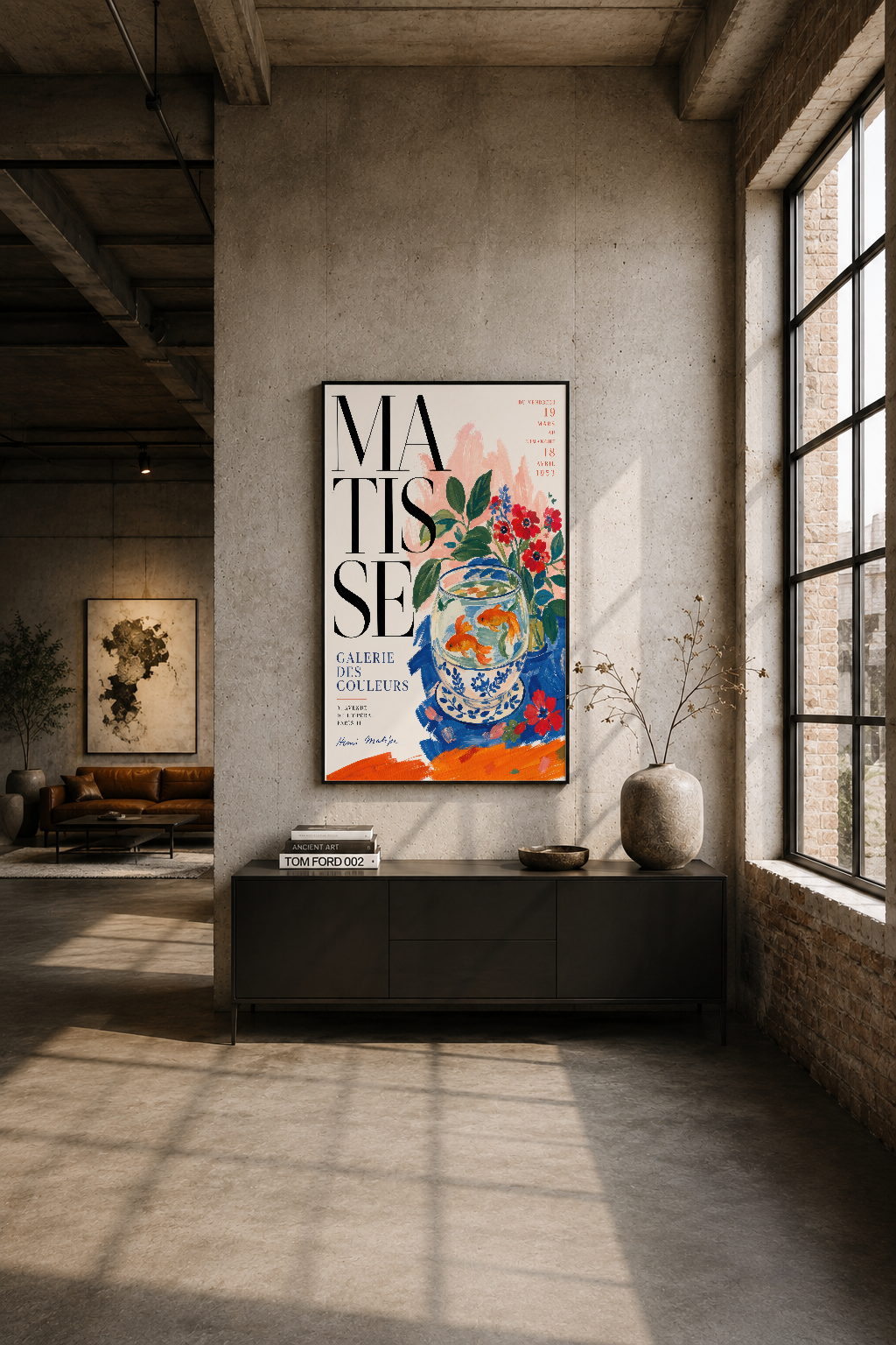 Endüstriyel loft dekorunda Matisse posteri, siyah çerçeveli duvar tablosu, çağdaş iç tasarım, vintage sanat
