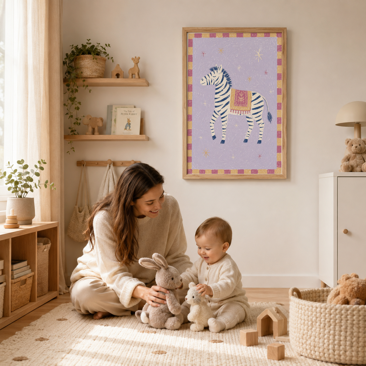 Çocuk odasında ahşap çerçevede, renkli yıldız motifli zebra tasarımlı duvar tablosu.
