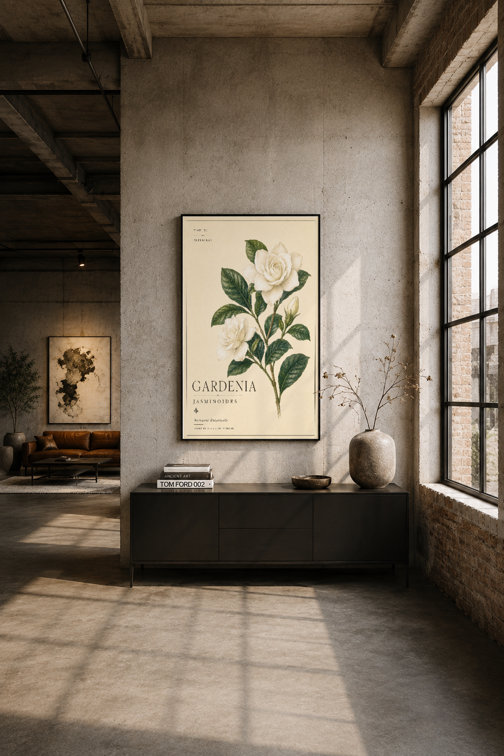 Industrial loft alanında beyaz çiçekli Gardenia Jasminoides tablosu, siyah konsol üzerinde.