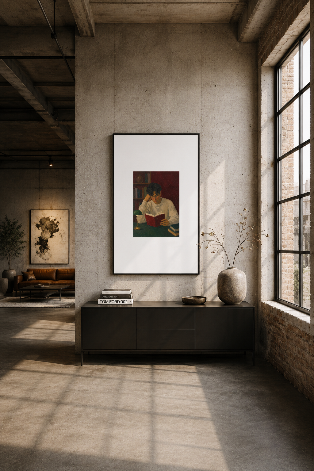 Industrial loft'ta, beton duvarda asılı, okuma sahneli tableau, minimalist iç tasarımda.