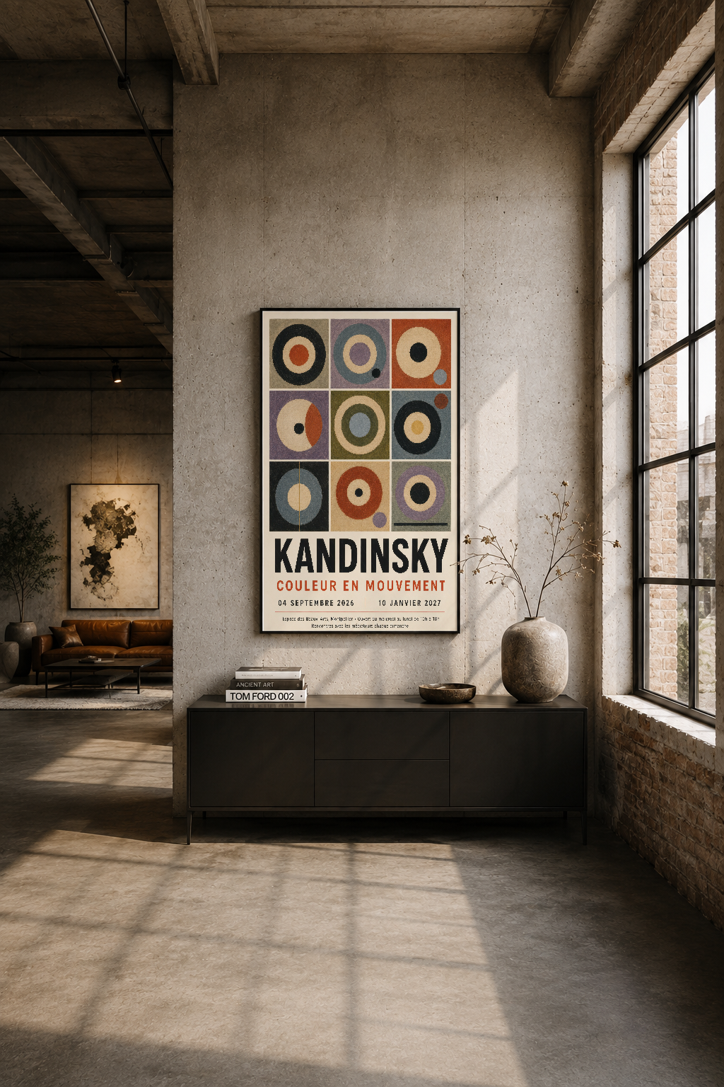 Industrial loft ortamında, koyu duvarın üstünde Kandinsky'nin geometrik daire tablosu sergileniyor.