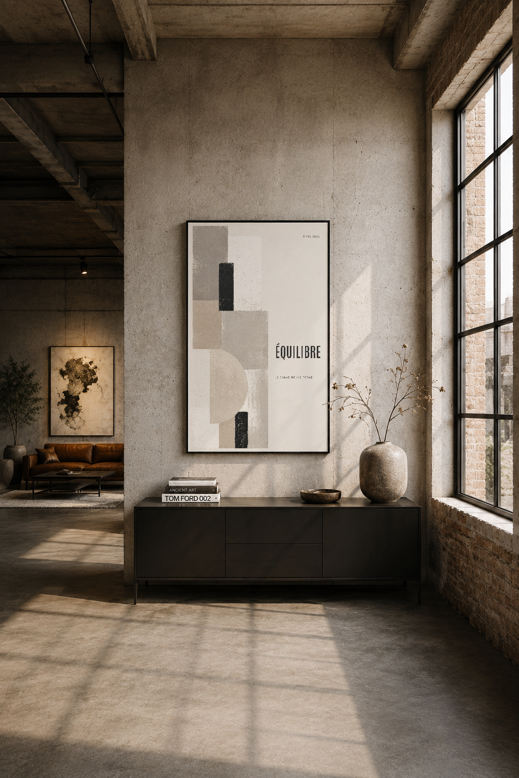 Modern loft alanında siyah çerçeveli Equilibre posteri, endüstriyel duvar üzerinde asılı olup minimalist dekor tamamlayan