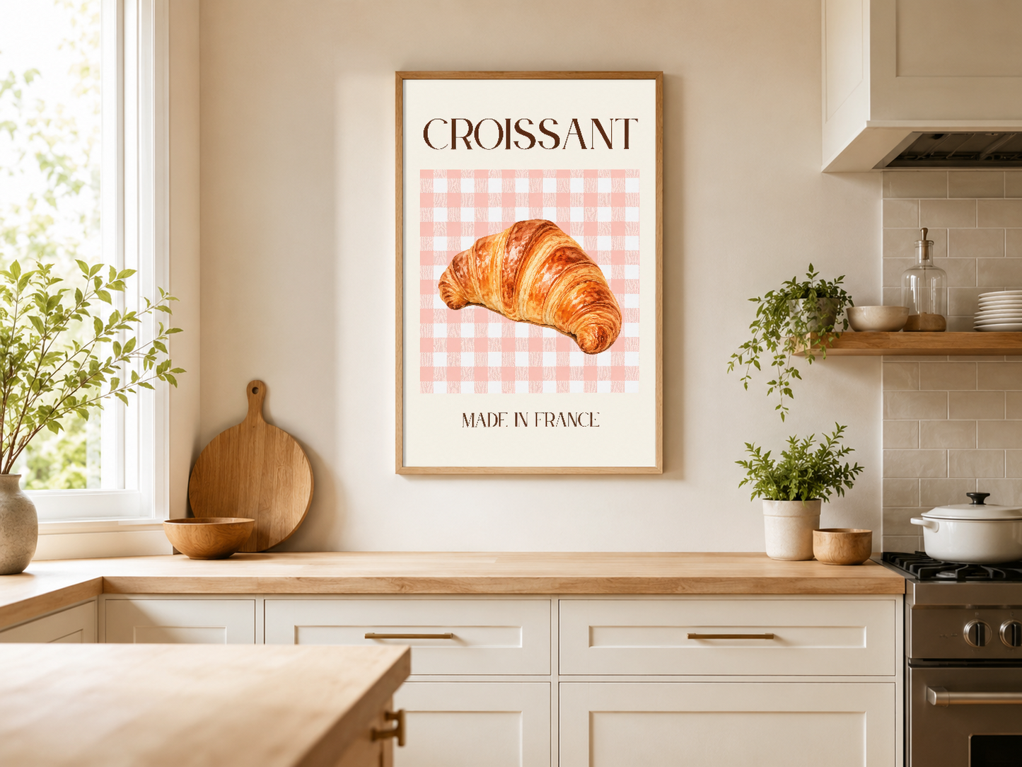 Modern mutfakta ahşap çerçeveli croissant tablosu, pencerenin yanında mutfak dekorasyonunun merkez parçası.