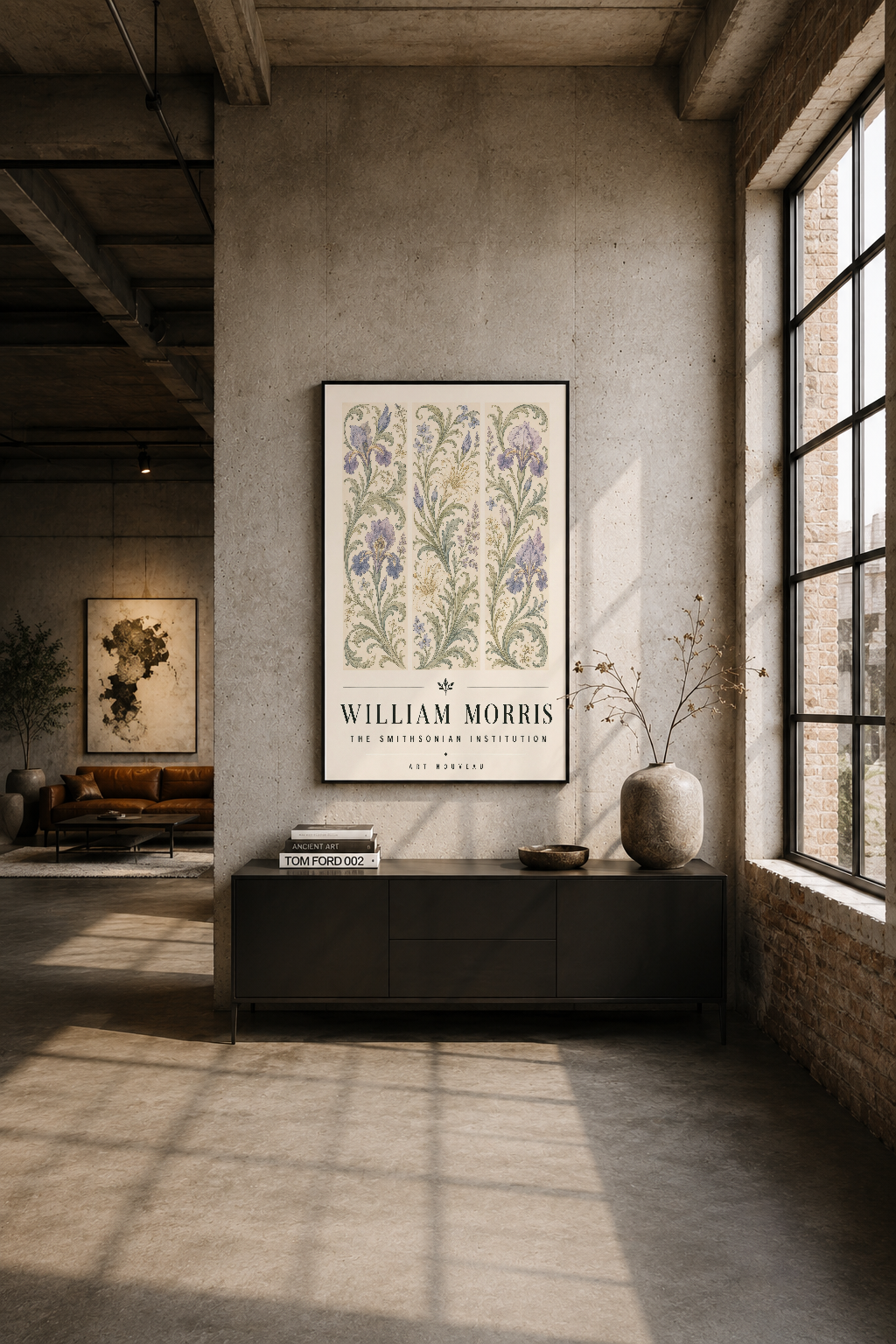 Modern loft ortamında, siyah çerçeveli William Morris tablosu, minimalist konsol dekorasyonunda sergileniyor.