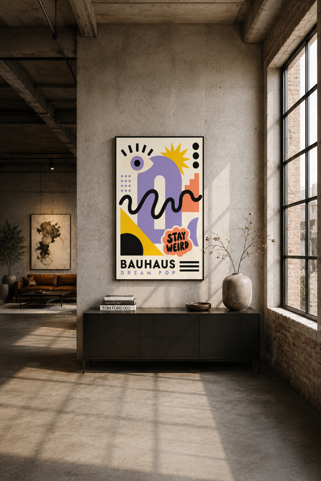 Modern loft alanında duvar tablosu, soyut Bauhaus tasarımı beton duvar üzerinde, industrial iç mekan dekorasyonu