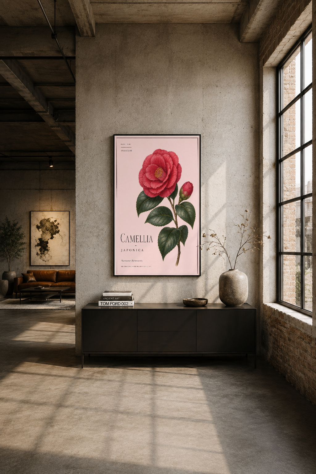 Endüstriyel loft'ta beton duvar üzerinde, pembe Camellia botanik tablosu modern minimalist dekorasyonda.