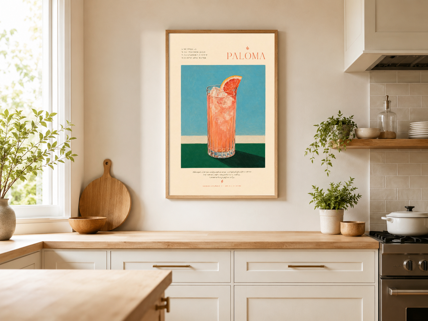 Ahşap çerçeveli Paloma posteri, açık mutfakta pencerenin yanında art deco tarzında kokteyl resimlemesiyle sofistike dekor